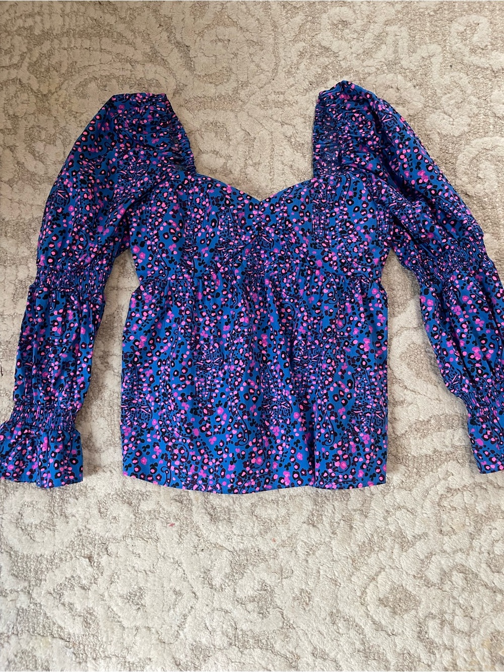 Purple Blue Floral Puff-Sleeve Women's Top